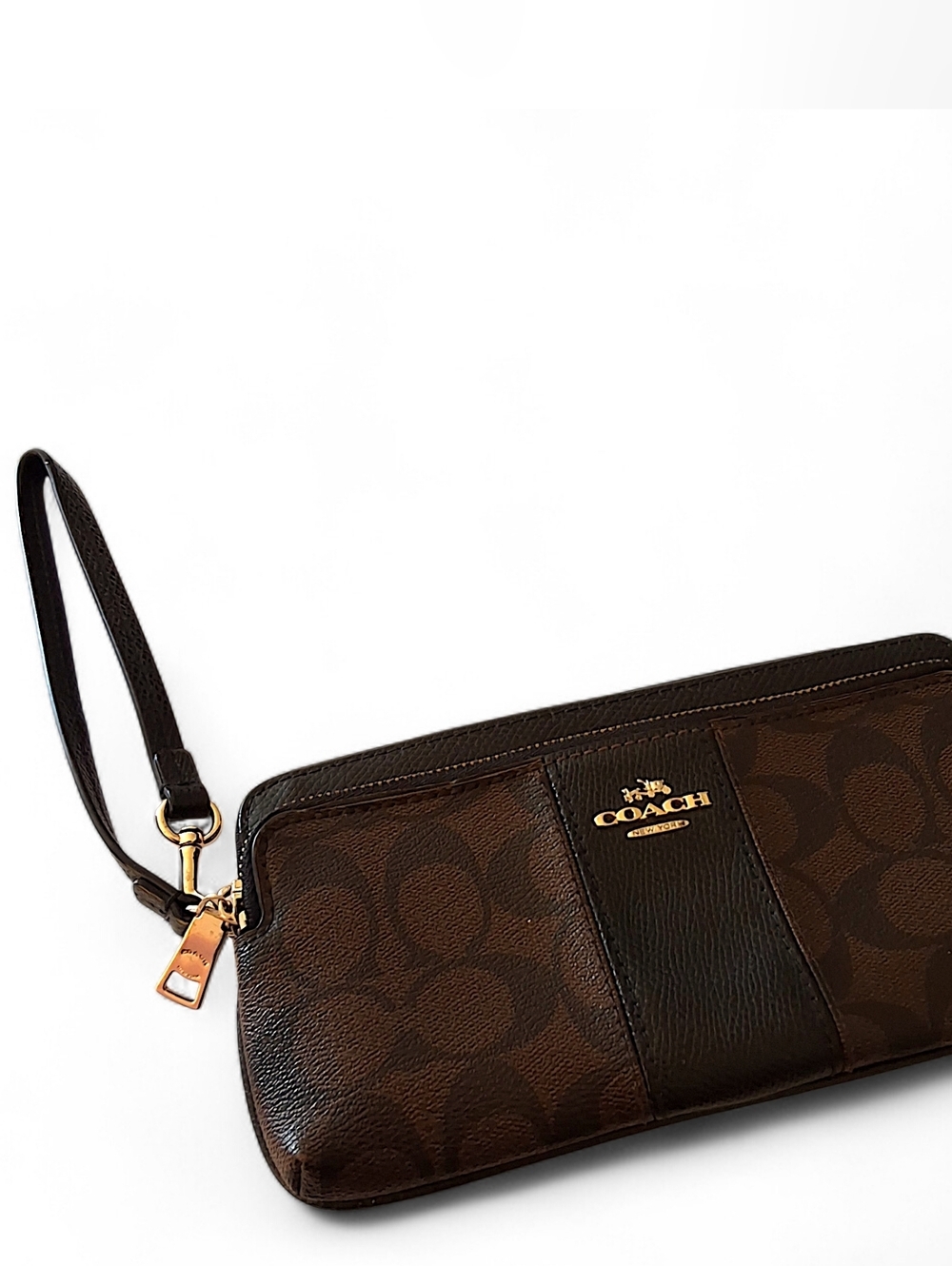 Coach Signature Canvas Wristlet Wallet Brown Leather Zip Corner Zip